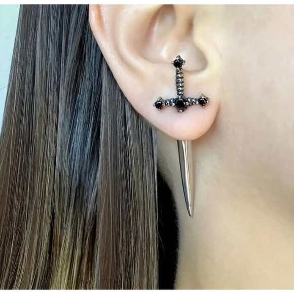 Silver Rhinestones DAGGER Earrings Halloween Gothic Stab - Picture 1 of 5